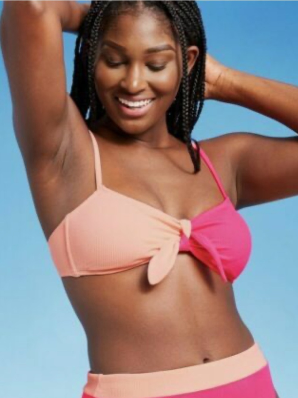 Xhilaration Pink Textured Colorblock Tie-Front Bandeau Bikini Top Size Large